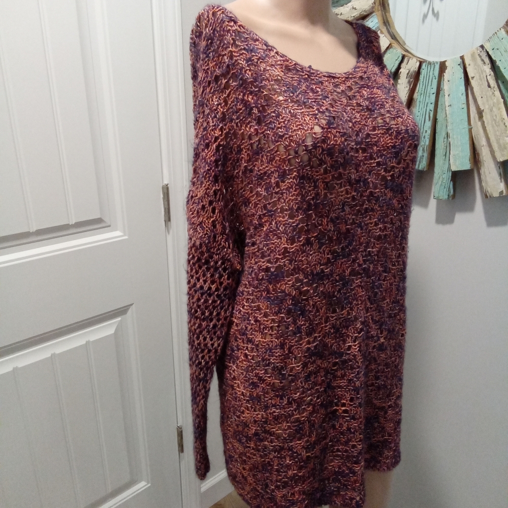 Coldwater Creek Plus Size 1X Purple and Pinks Loose Open Crochet Knit Sweater